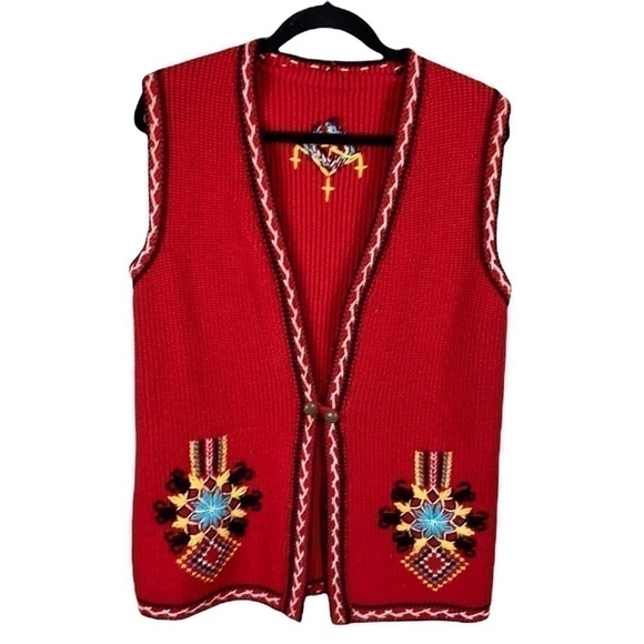 Vintage 70’s Hand Made Folk Art Floral Embroidered Knit Sweater Vest Size L - Picture 2 of 12